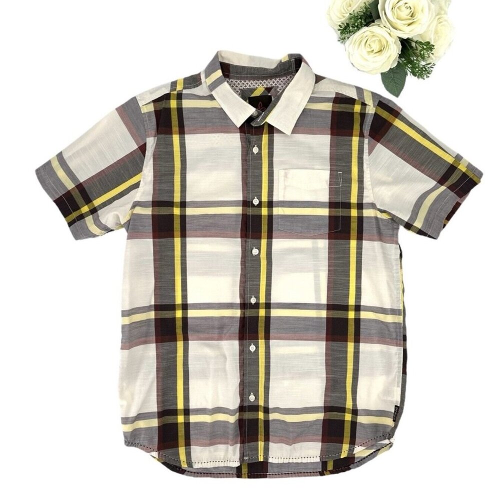 prAna Mens Button Front Short Sleeve Shirt Size Large Plaid Casual